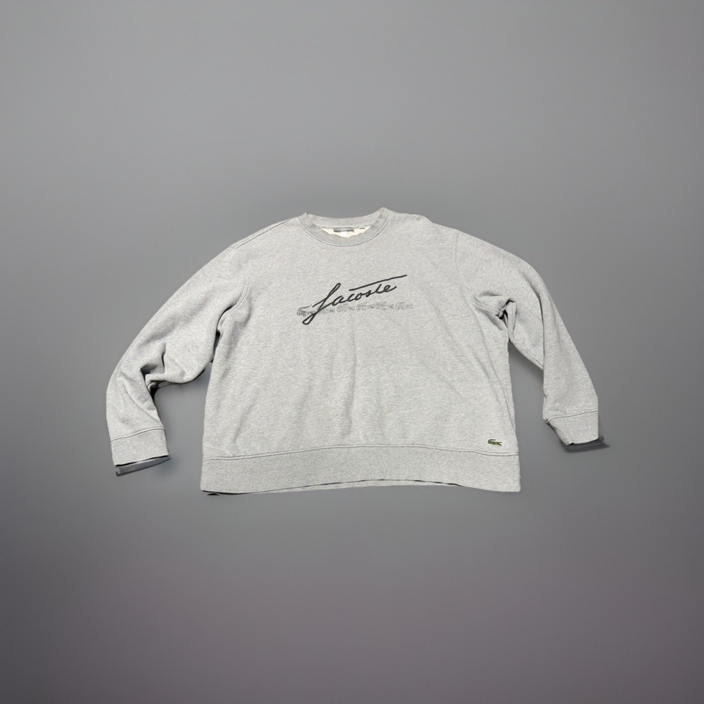 Lacoste Mens Gray Signature Print Crew Neck Fleece‎ Pullover Sweatshirt Size 4XL